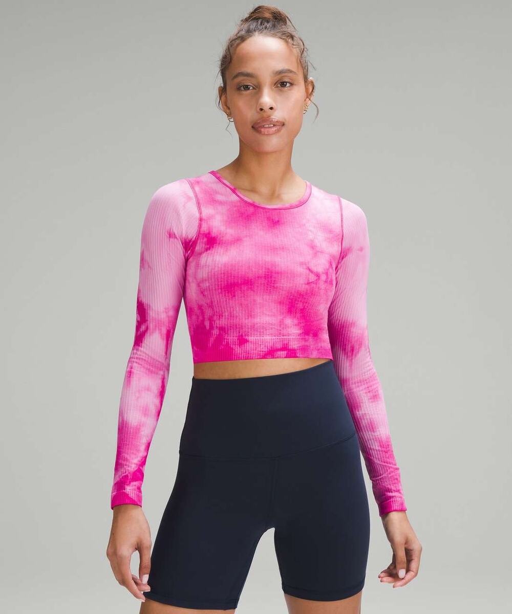 Lululemon Ebb to Street Long Sleeve Cropped Top Marbled Dye Sonic Pink Size 2